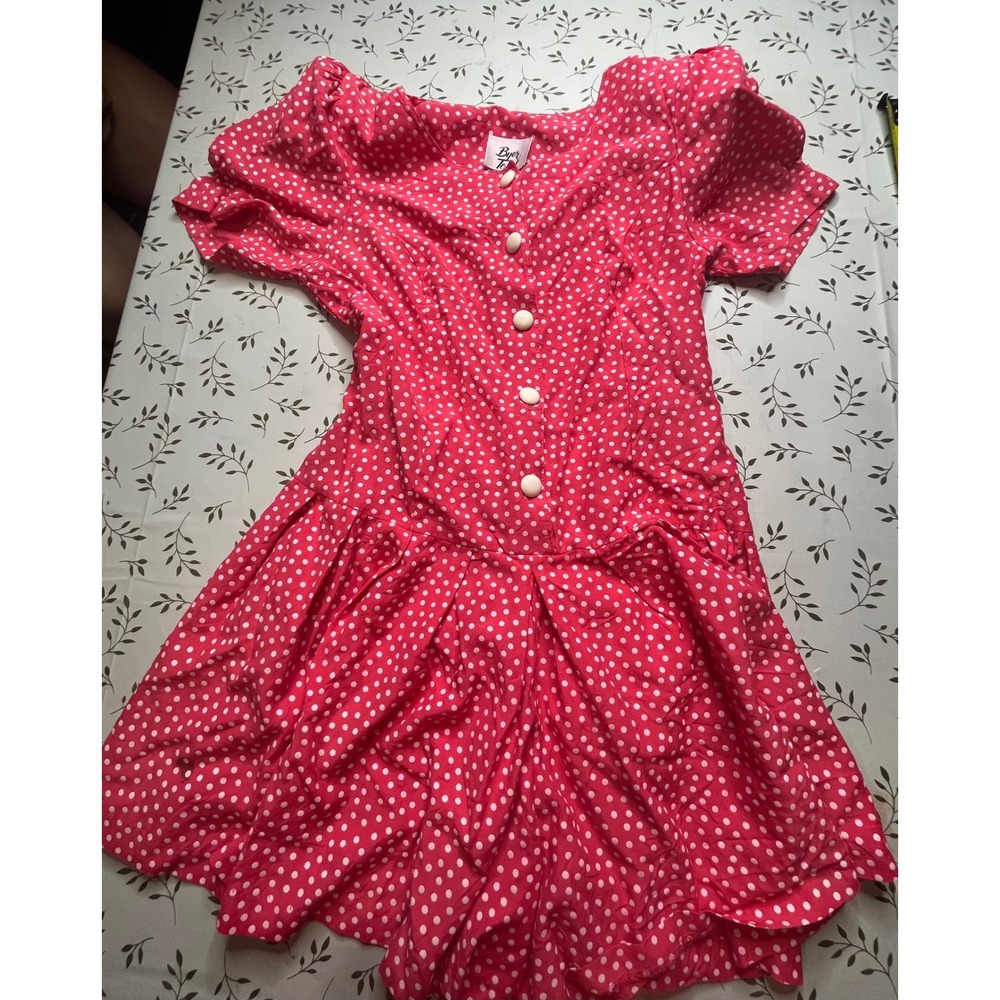 Vintage Byer Too Red Polka Dot Puff Sleeve Button Front Fit Flare romper Size 9